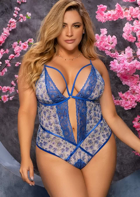 Bodies-Mary Portas Mapale Blossom Crotchless Teddy Plus Size Blossom Blue