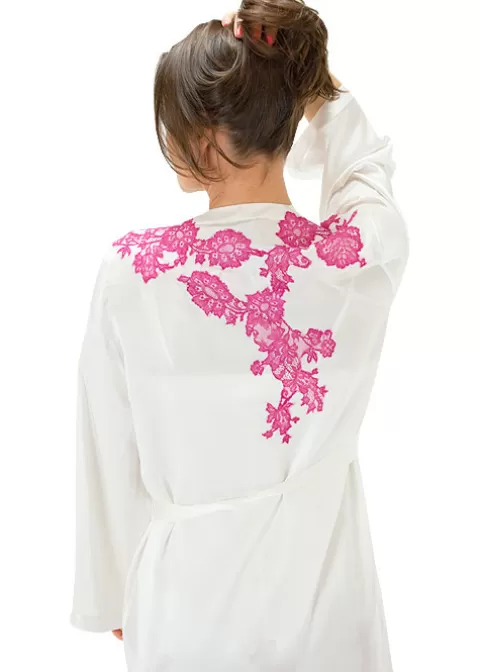 Robes And Kimonos-Marjolaine Silk And French Lace Short Robe Ivory Ivory Fuchsia