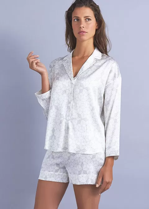 Pyjamas-* Mimi Holliday Panarea Silk Shortie Pyjama Set Panarea Grey Lemon Print