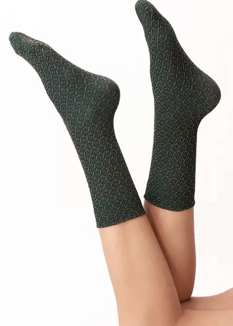 Ankle Highs-Oroblu Texture Jacquard Ankle High Green Jacquard