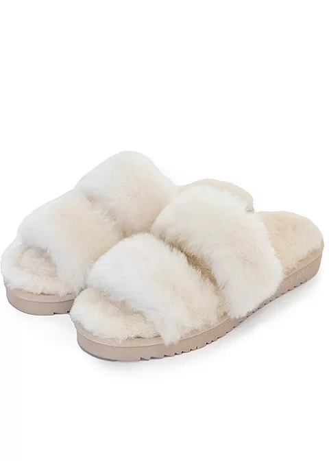 Slippers-Pretty You London Jinx Real Sheepskin Slippers Natural